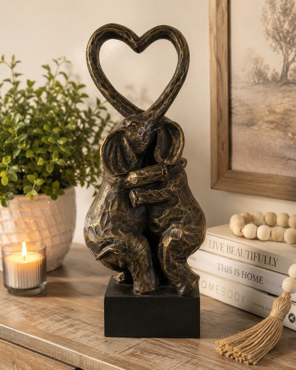 Abstract Elephant Couple Statue Heart Trunks Bronze Finish Sculpture 13.5” Decor